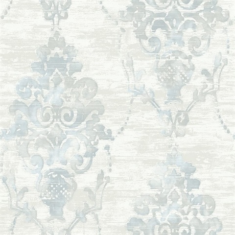 Blue, Gray & White Commercial Impressionist Damask Wallpaper