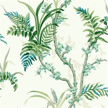 Blue & Green Enchanted Tropical Tree Fern Wallpaper