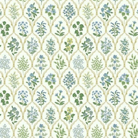 Blue & Green Hawthorne Vintage Botanical Arches Rifle Paper Wallpaper