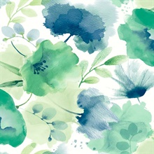 Blue & Green Large Watercolor Floral Wallpaper