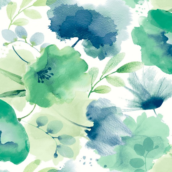 BL1774  Blue & Green Large Watercolor Floral Wallpaper