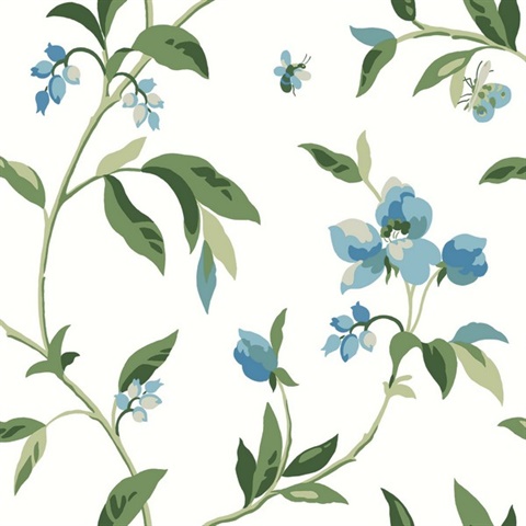 Blue & Green Springtime Floral Butterfly Wallpaper