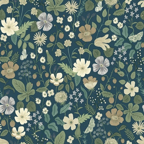 Blue & Green Strawberry Fields Bright Floral Wallpaper