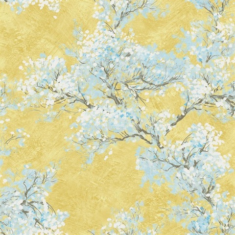 Blue, Green, White & Yellow Commercial Cherry Blossom Bloom Wallpaper