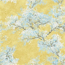 Blue, Green, White & Yellow Commercial Cherry Blossom Bloom Wallpaper