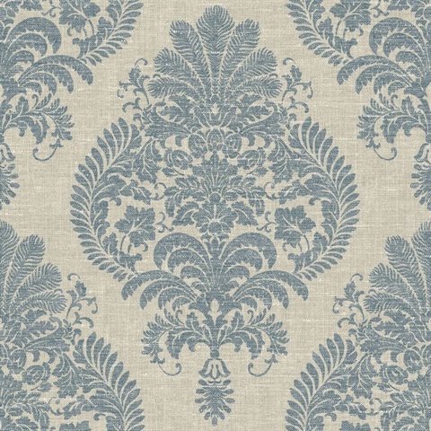 Blue & Grey Antigua Faded Damask Wallpaper