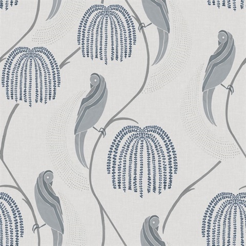 Blue & Grey Blaise Bird & Bontantical Stripe Wallpaper