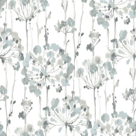 Blue & Grey Flourish Watercolor Ikat Floral Wallpaper