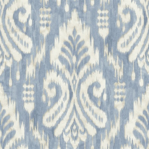 Blue Hawthorne Ikat Weathered Damask Wallpaper