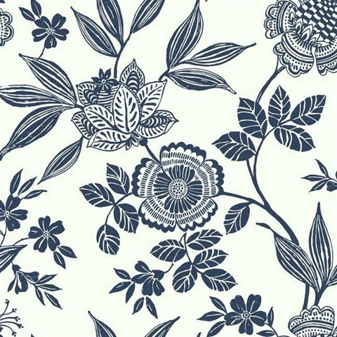 Blue Jacobean Floral Trail Wallpaper