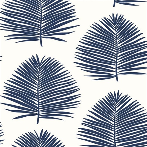 Blue Large Palm Leaf Block Print Wallpaper