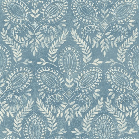 Blue Laurel Leaf Damask Wallpaper