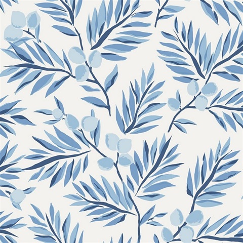 Blue, Light Blue & White Plums and Leaves Wallpaper