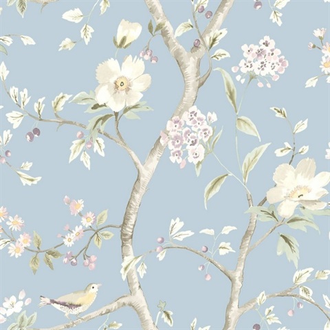 Blue, Purple & Green Southport Bird On Branches Floral Trail Wallpaper
