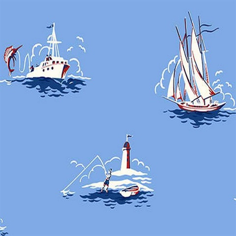 Blue & Red Lighthouse & Yacht Wallpaper