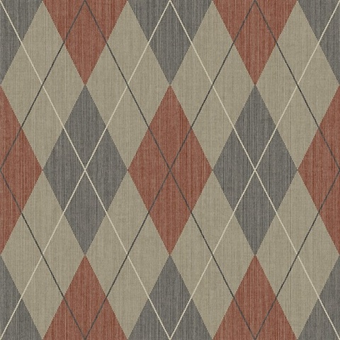 Blue, Red & Taupe Textured Argyle Wallpaper