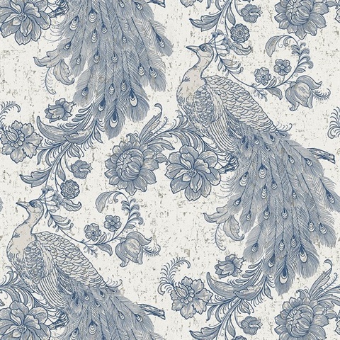 Blue Robinhood Faux Cork Peacock & Floral Wallpaper