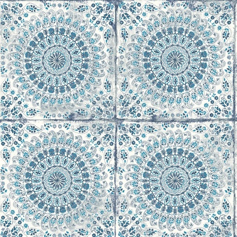 Blue, Sky blue & White Commercial Mandala Wallpaper
