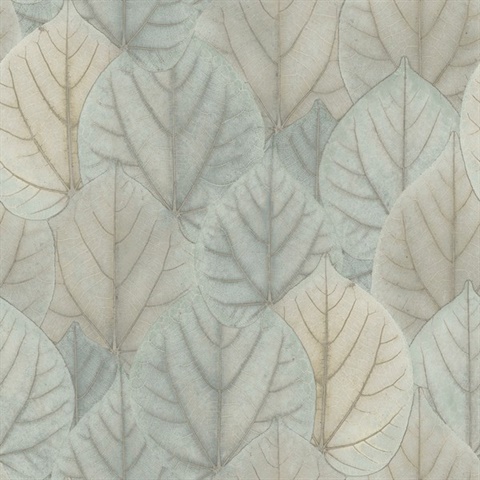 Blue & Taupe Leaf Concerto Metallic Detail Wallpaper