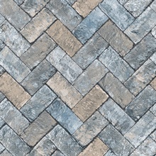 Blue &amp; Taupe Textured Faux Herringbone Brick Wallpaper