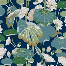 Blue & Teal Lotus Pond Mushroom Floral Wallpaper