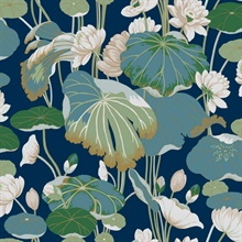 Blue &amp; Teal Lotus Pond Mushroom Floral Wallpaper