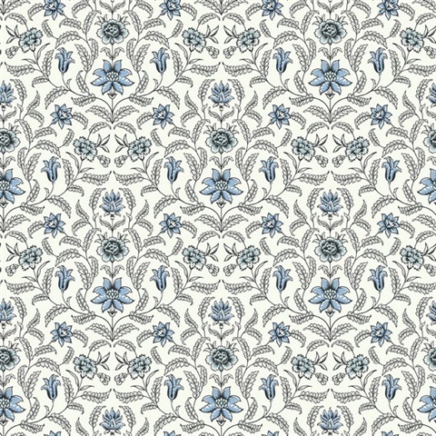 Blue Vintage Blooms French Leaf & Petals Wallpaper