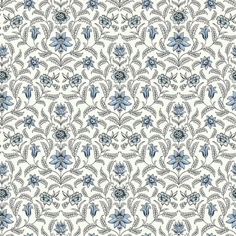 Blue Vintage Blooms French Leaf & Petals Wallpaper