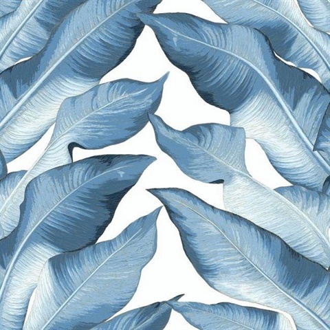 Blue & White Beverly Hills Large Banana Leaf Wallpaper