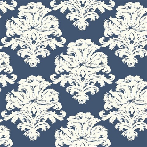 Blue & White Commercial Damask Wallpaper