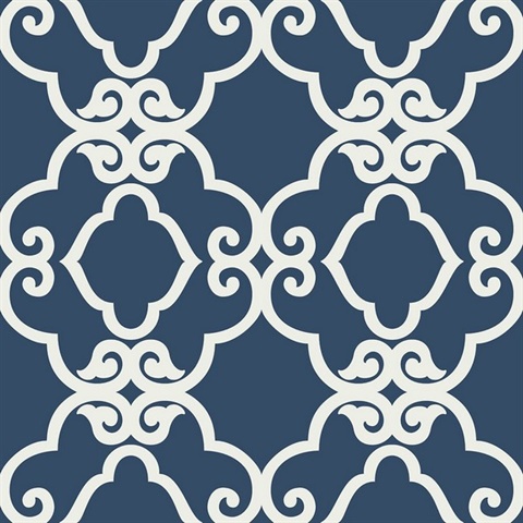 Blue & White Commercial Scroll Trellis Wallpaper