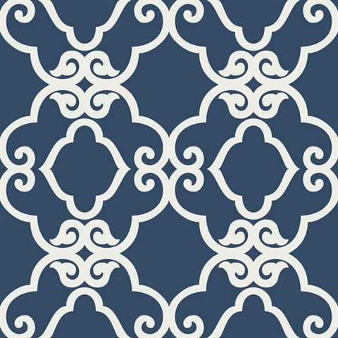 Blue & White Commercial Scroll Trellis Wallpaper