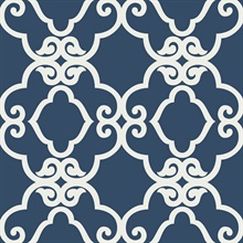Blue & White Commercial Scroll Trellis Wallpaper
