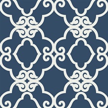 Blue & White Commercial Scroll Trellis Wallpaper