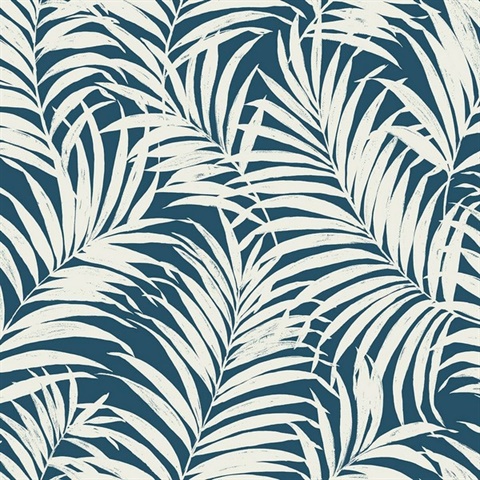 Blue & White Commercial Tropical Palm Leaves Wallpaper