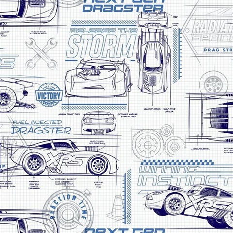 Blue & White Disney and Pixar Cars Schematic Wallpaper
