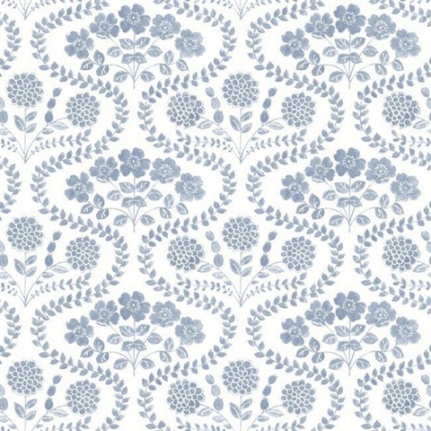 Blue & White Folksy Floral Wallpaper