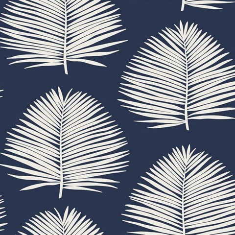 Blue & White Large Palm Leaf Block Print Wallpaper