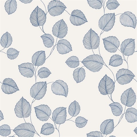 Blue & White Linework Leaves Wallpaper