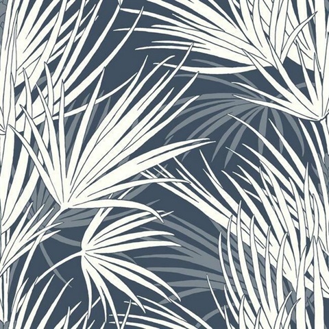 Blue & White Palmetto Leaf Prepasted Wallpaper