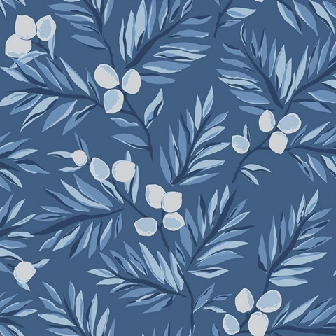 Blue & White Plums and Leaves Wallpaper