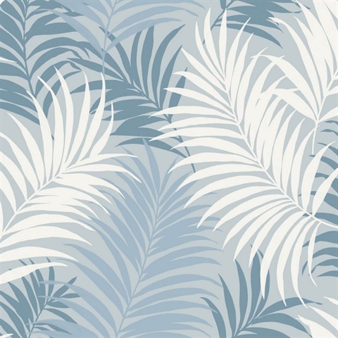 Blue, White & Sky Blue Tropical Large Palm Leaf Wallpaper