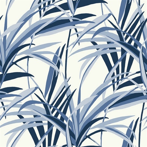 Blue &amp; White Tropical Paradise Windy Reeds Wallpaper