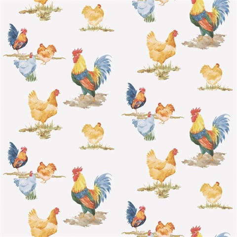 Blue & Yellow Free Range Illustrated Chicken Wallpaper