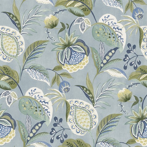 Bohemian Blue Jacobean Floral Wallpaper