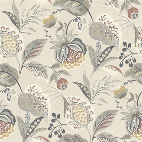 Bohemian Grey Jacobean Floral Wallpaper