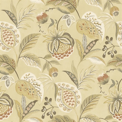 Bohemian Mustard Jacobean Floral Wallpaper