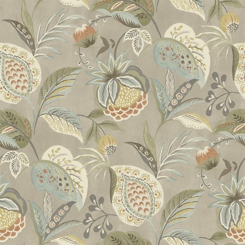 Bohemian Taupe Jacobean Floral Wallpaper