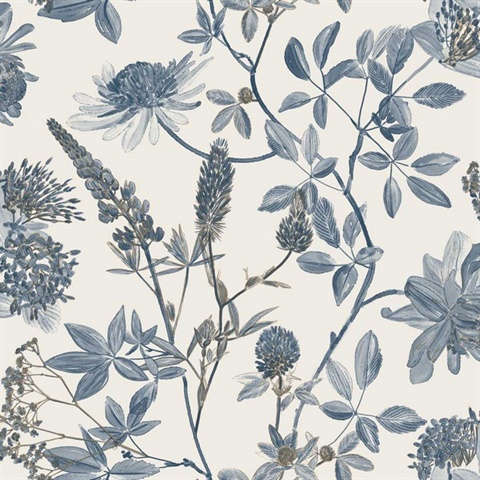 Botanical Blueprint Painterly Branches Blue with Ecru Cream Ground Wal
