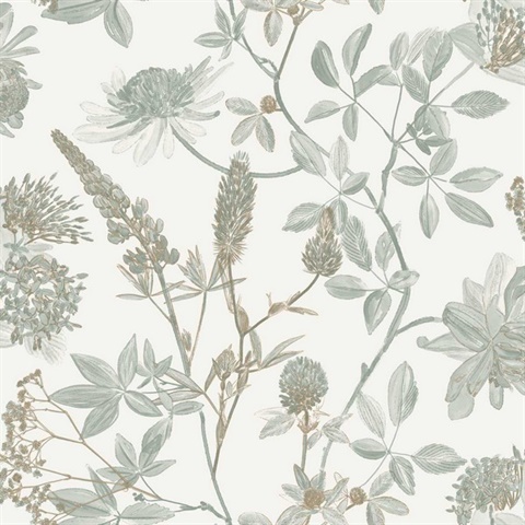 Botanical Blueprint Painterly Branches Green with Ecru Cream Ground Wa